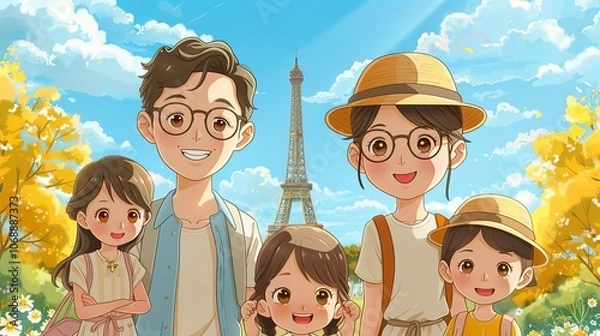 Fototapeta A family of five stands in front of a famous landmark, smiling wide for the camera. They are dressed in matching outfits, and the excitement of their vacation is evident in their beaming faces