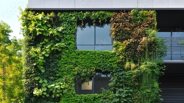 Fototapeta Vertical Green Wall Adorning Modern Building Facade with Lush Foliage and Climbing Vines