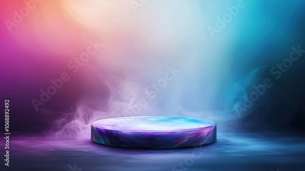 Fototapeta vibrant abstract floating podium with iridescent surface, surrounded by colorful mist and soft lighting, creates captivating visual effect