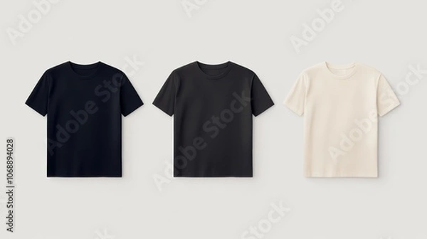 Fototapeta Set of Three T-Shirts in Black, Dark Gray, and Beige on a Neutral Background