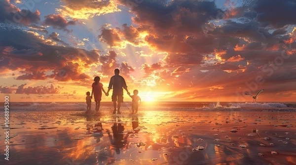 Fototapeta A family of four--parents and two children--run across a sandy beach as the sun dips below the horizon. The sky glows in soft hues of pink, orange, and purple, and their laughter fills the air as they