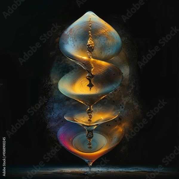 Fototapeta Abstract glowing hourglass with suspended golden fluid layers in dark ambient background.