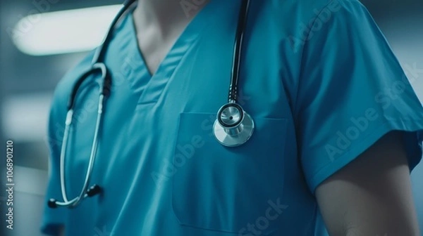 Fototapeta Close up of a doctor's stethoscope on a blue scrubs top