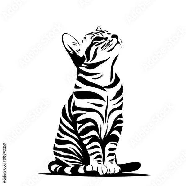 Obraz A Bengal cat depicted in a minimalist vector style, showcasing its distinctive striped pattern while gazing upwards, capturing the essence of elegance and curiosity