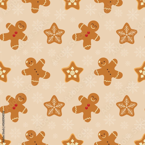 Fototapeta Christmas pattern with gingerbread man on a light background. Seamless background perfect for use in textiles, wallpapers, and festive decorations.