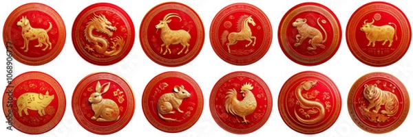 Fototapeta set of round thumbs with animals of chinese zodiac signs, isolated china astrology signs in red and gold colors