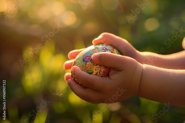 Fototapeta Little Hands Holding a Decorated Easter Egg. AI generative