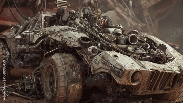 Fototapeta Post-Apocalyptic Dieselpunk Engine Close-Up with Tools and Parts, Showcasing Ingenuity of Creator