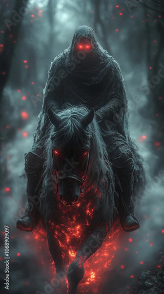 Fototapeta A spectral knight in ghostly armor, riding an ethereal steed through a haunted forest. 