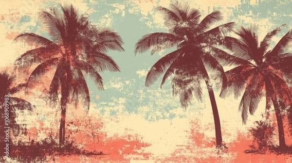 Fototapeta Vintage tropical pattern with palm trees and grunge texture; ideal for textiles with botanical summer vibes -