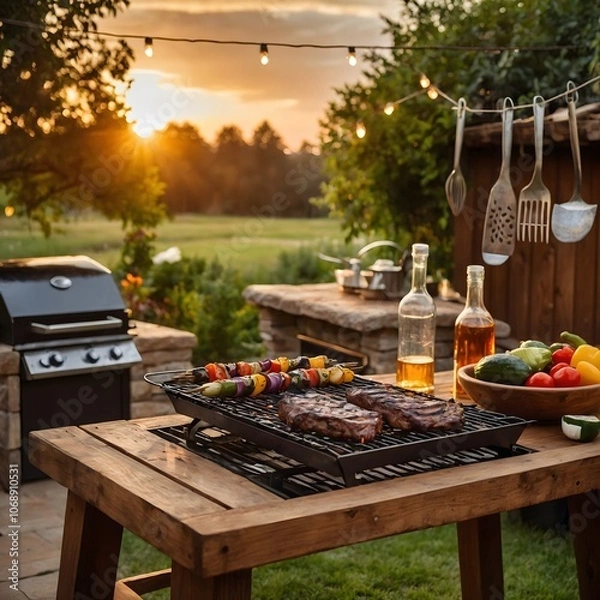 Fototapeta Barbecue Setup on a Rustic Patio with Garden and Sunset