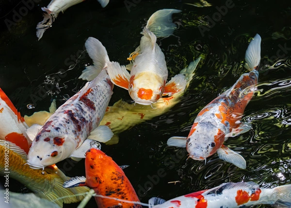 Obraz Koi fish a variation of Carp found in a pond at the zoo. Koi fish can live up to 50 years and grow 15 to 36 inches long. Japanese Koi fish are vibrant multicolored fish kept for ornamental purposes.