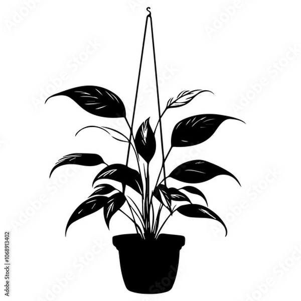 Obraz A peaceful peace lily plant elegantly suspended in a hanging pot, showcasing its lush green leaves with a graceful silhouette against a minimalist backdrop