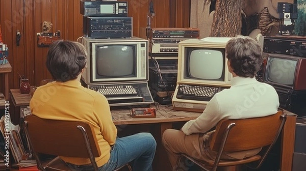 Obraz Two men sit in front of CRT monitors, likely playing a video game or using computers, in a retro-style room with wood paneling.