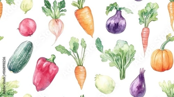 Fototapeta Seamless vegetable watercolor pattern featuring vibrant illustrations on a clean white backdrop ideal for textile design and packaging