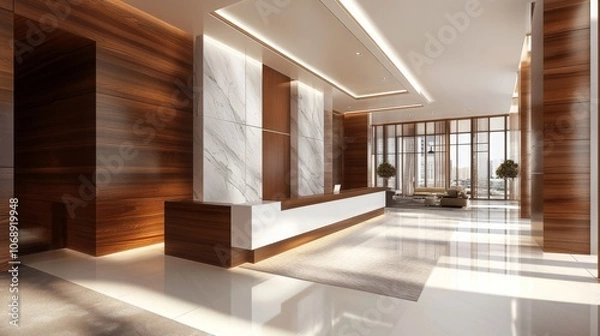 Fototapeta Office lobby with wood-panel walls and white spaces; 3D rendering for business settings. 