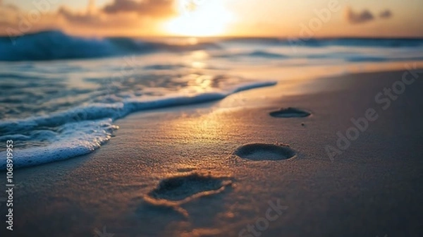 Fototapeta Footprints in Wet Sand at Sunset on the Beach