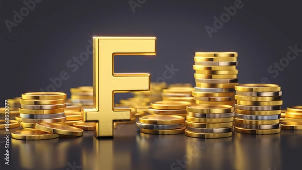 Fototapeta Swiss franc symbol with gold coins on dark background