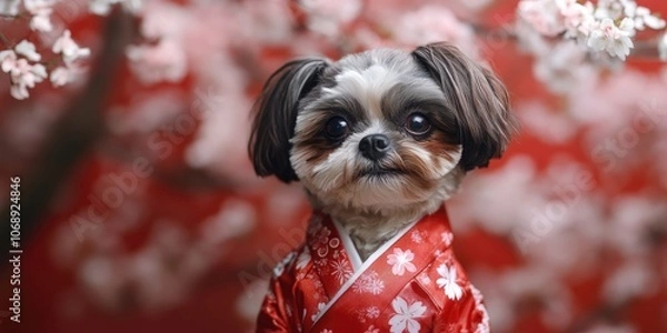 Fototapeta A lovely Shih Tzu dog is dressed in a striking red outfit inspired by traditional Japanese fashion, showcasing its charm and elegance in a vibrant way.