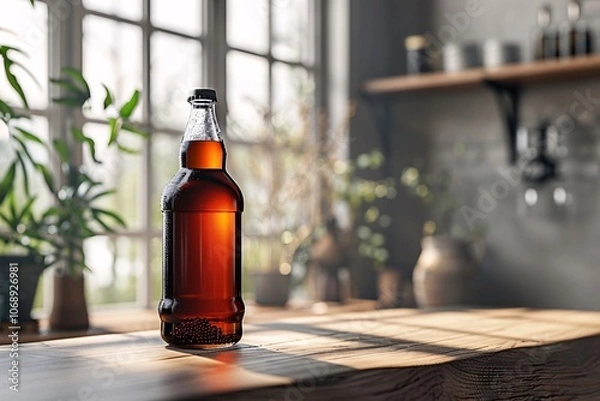 Fototapeta A glass bottle filled with a dark amber liquid sits on a rustic wooden table in a bright kitchen. Sunlight streams through the windows, enhancing the cozy atmosphere created by surrounding plants