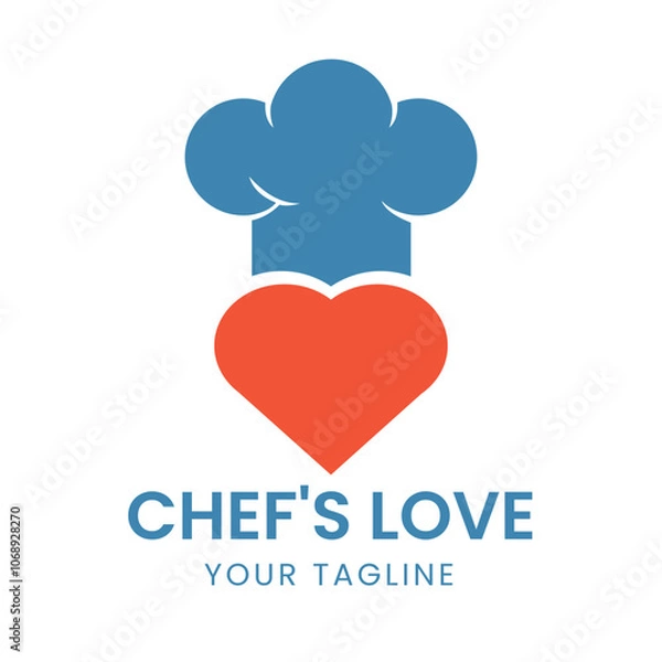 Fototapeta Playful Culinary Icon with Blue Chef Hat and Red Heart Ideal for Food Industry Branding, Restaurant Logos, and Cooking Passion Projects