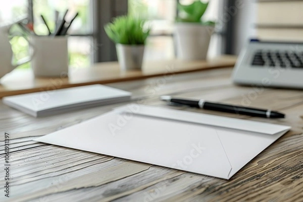 Fototapeta A clean and organized workspace shows an envelope and pen resting on a wooden desk near fresh plants and notepads