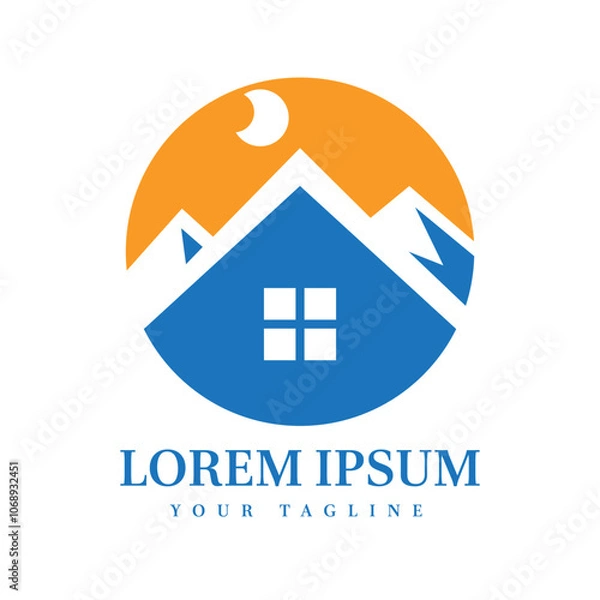 Fototapeta Cozy Cabin with Moon and Mountain Silhouette Perfect for Real Estate, Travel, Hospitality, and Nature Brand Identity