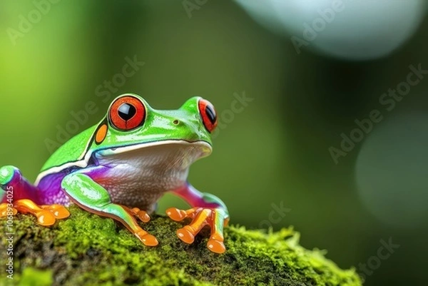 Fototapeta Closeup frog eye, vibrant colors, moist skin texture, tropical rainforest