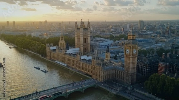 Obraz Aerial view of the Houses of Parliament and Big Ben in London, England, at sunset.