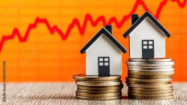 Fototapeta A visual representation of real estate growth, featuring miniature houses atop stacked coins, with a rising graph overlay on an orange background.