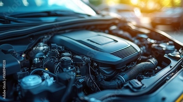 Obraz Close-up of Modern Car Engine in Sunset Light