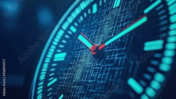 Fototapeta A close-up of a futuristic clock with glowing elements and a digital design, the passage of time in a modern aesthetic.