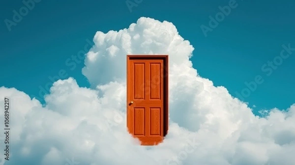 Fototapeta A surreal scene featuring an orange door standing alone amidst fluffy white clouds against a bright blue sky, evoking a sense of possibility and imagination.