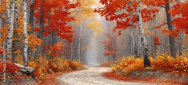 Fototapeta A serene autumn landscape featuring a winding dirt path through a forest. The trees are adorned with vibrant red and orange leaves, creating a warm and inviting atmosphere. 