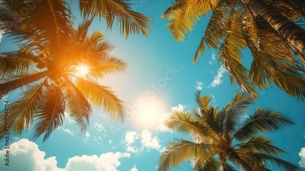 Fototapeta An image of palm leaves on a bright blue sky with sun at ground level, a tropical beach and summer vacation background in a summer holiday concept,