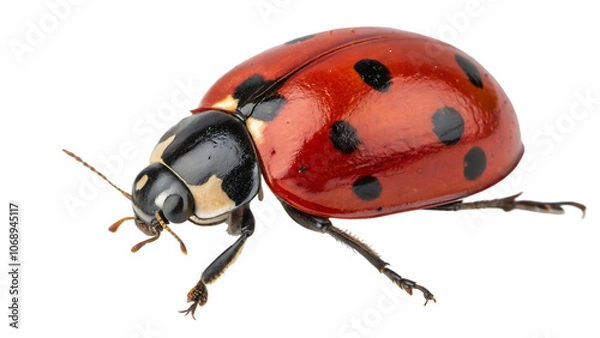 Fototapeta closeup of a red ladybug with black spots isolated on transparent background.