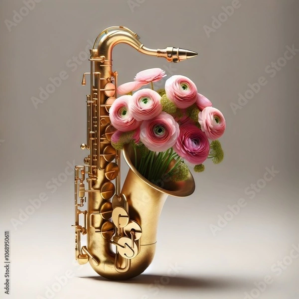 Fototapeta A golden saxophone with pink ranunculus flowers in the bell, creating an elegant and artistic display.
