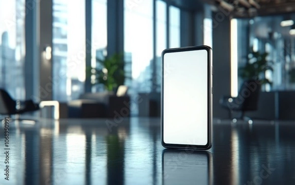 Fototapeta A high-resolution mock-up featuring a futuristic smartphone with a blank screen in a contemporary office setting, blurred background