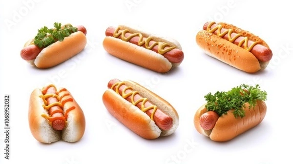 Fototapeta Set of Hot Dogs, isolated on white background, realistic style, detailed texture, food shot