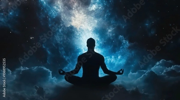 Obraz A silhouette meditating in a cosmic backdrop, symbolizing peace and introspection.