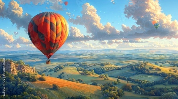 Fototapeta A vibrant oil painting of a colorful hot air balloon floating above a lush green valley at dawn. The soft pastel sky hints at the promise of a new adventure