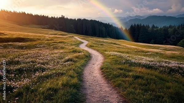 Obraz Rustic path winding through a blooming meadow, rainbow in the sky