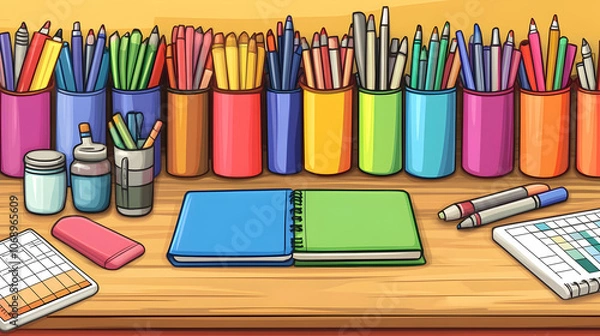Obraz Colorful pens, pencils, markers, and a notebook on a wooden desk.