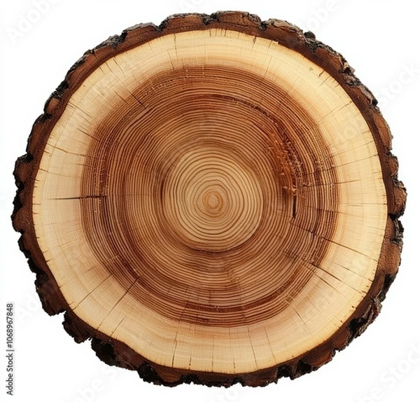 Fototapeta Cross section of tree trunk showing growth rings , isolated on white background,  , copy space for text,