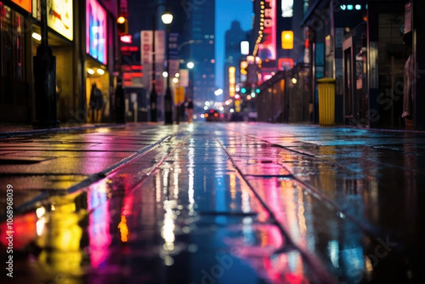 Fototapeta Rainy Night in Neon-Lit City Street