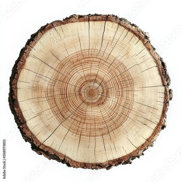 Fototapeta smooth cross section brown tree stump slice with age rings cut fresh from the forest with wood grain isolated on white , isolated on white background,  , copy space for text,