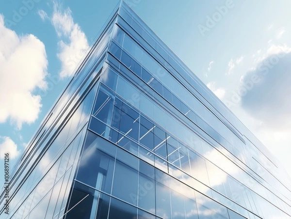Fototapeta A modern glass building reflecting the sky and clouds, showcasing contemporary architecture.