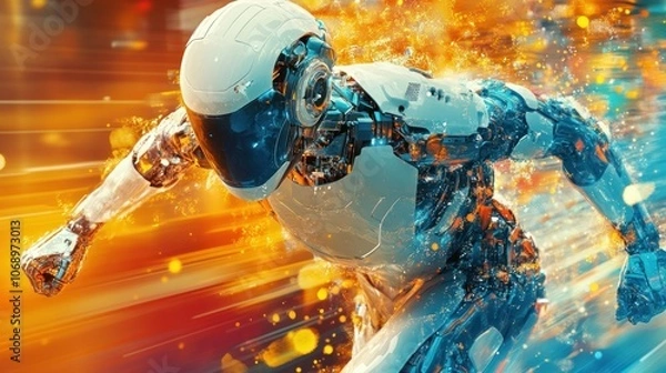 Fototapeta A futuristic robot runs forward with glowing streaks behind it.