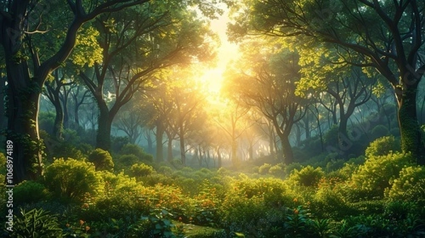 Fototapeta A lush forest with sunlight filtering through the trees, calm and peaceful, promoting nature and sustainability, vibrant greens and natural beauty