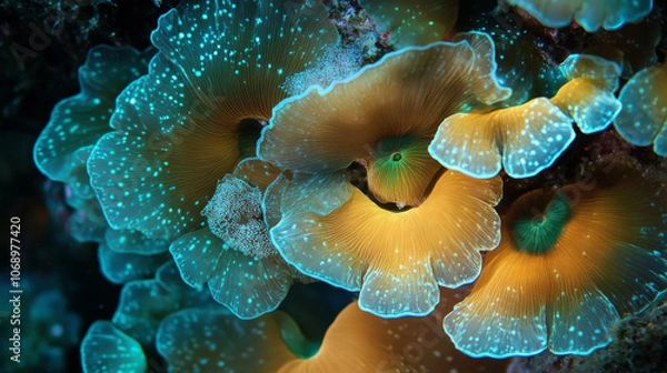 Fototapeta Vibrant Coral Reef, Underwater Macro, Teal and Gold Polyps, Close-up, Ocean